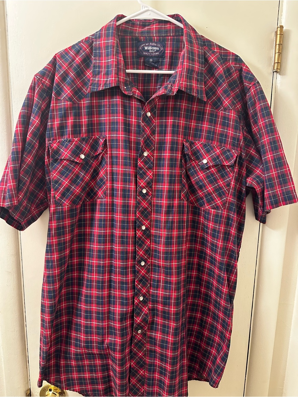 Williams bay Red and Navy Plaid Short Sleeve Western w/ Pearl Snap Buttons